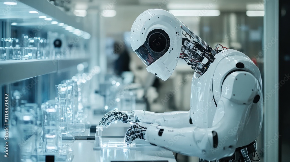 Advanced humanoid robot working in a modern laboratory setting. Advanced humanoid robot working in a modern laboratory setting.