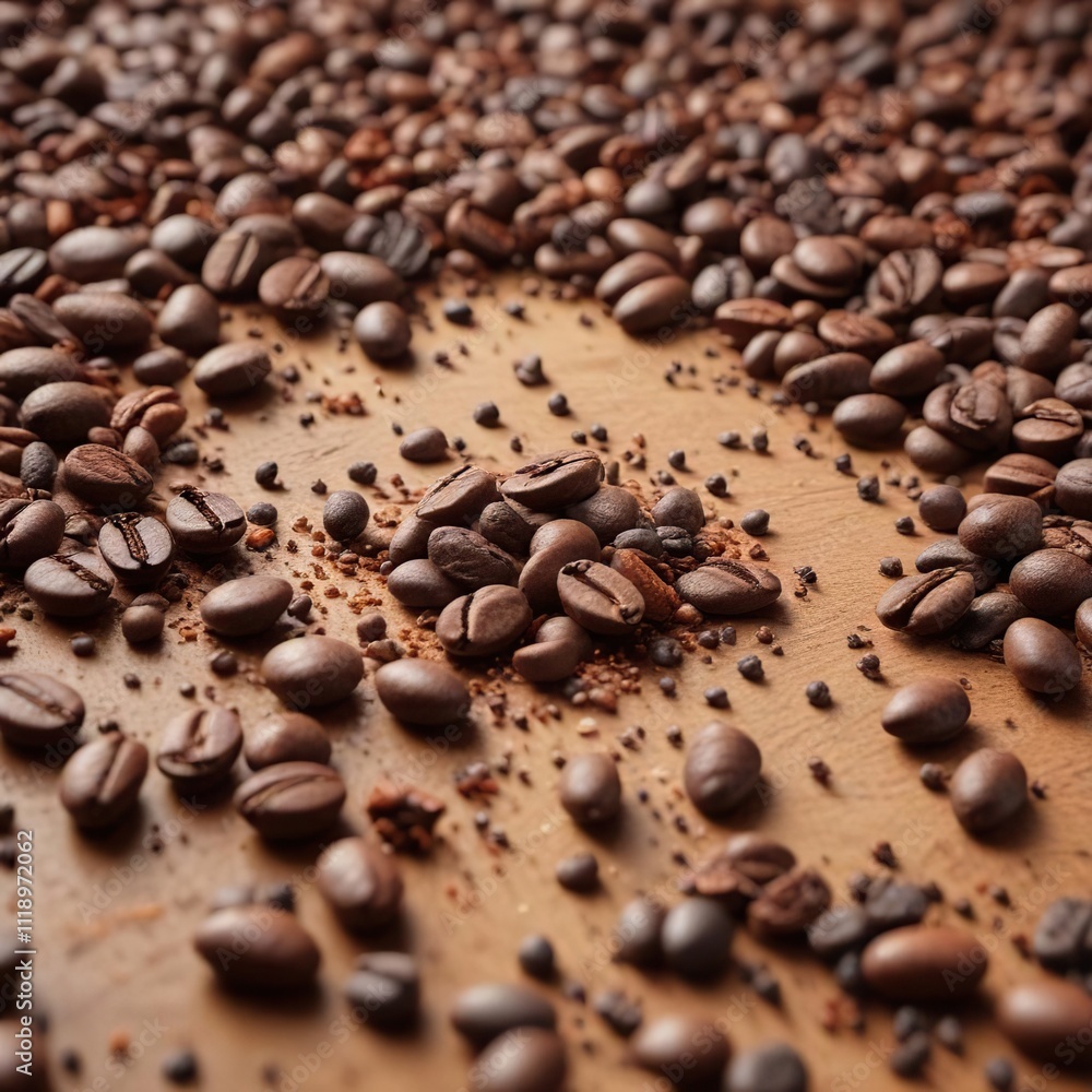 Detail of coffee beans with cocoa nibs and spices scattered around them , detail, allspice Detail of coffee beans with cocoa nibs and spices scattered around them , detail, allspice