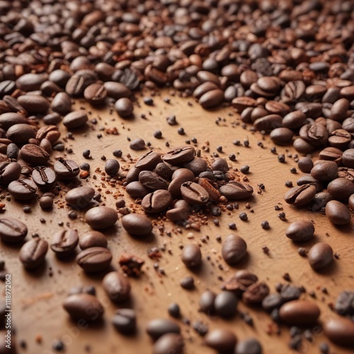 Detail of coffee beans with cocoa nibs and spices scattered around them , detail, allspice photo