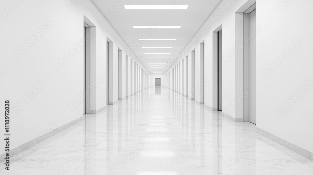 A bright, minimalist hallway featuring multiple doors and sleek flooring, creating a sense of depth and clarity. A bright, minimalist hallway featuring multiple doors and sleek flooring, creating a sense of depth and clarity.