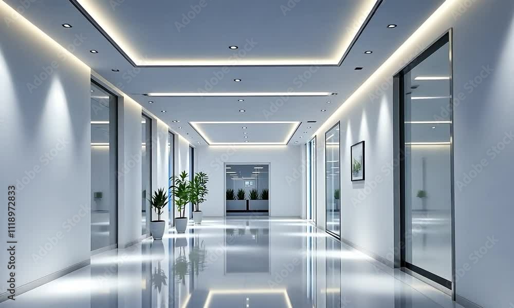 A modern, well-lit corridor featuring sleek design and decorative plants. A modern, well-lit corridor featuring sleek design and decorative plants.