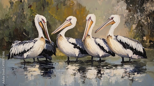 Majestic Australian Pelicans by the Waterside: A Stunning Oil Painting photo