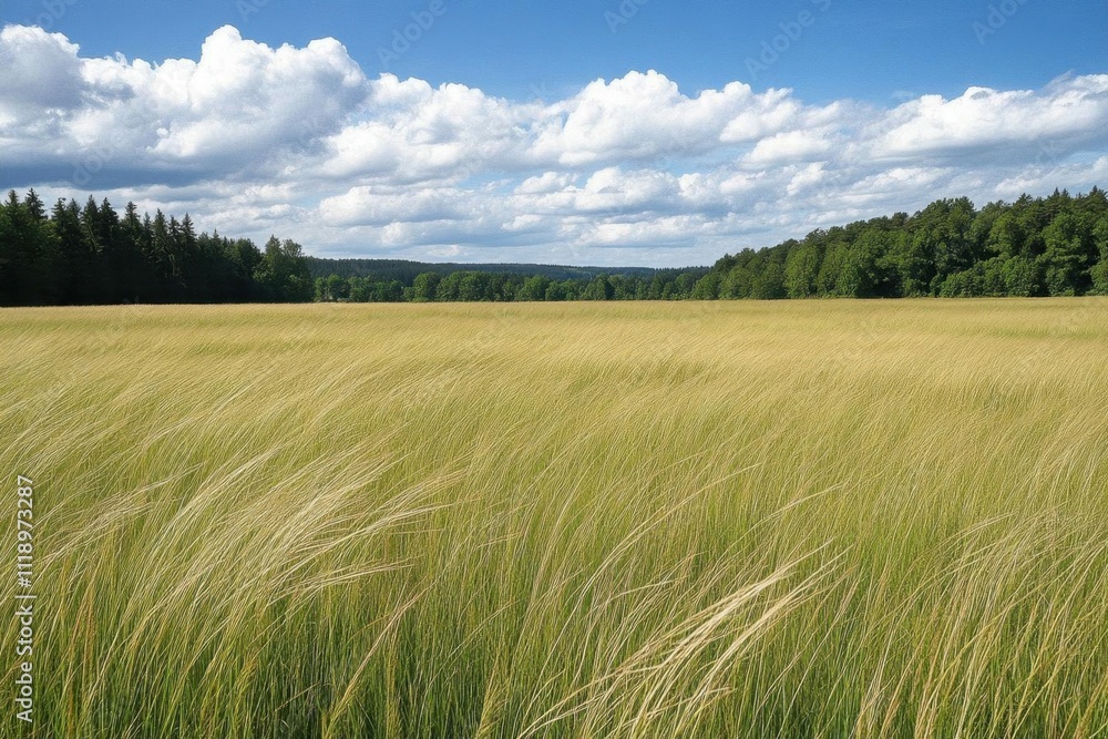 A serene landscape of tall grass under a blue sky with fluffy clouds. A serene landscape of tall grass under a blue sky with fluffy clouds.