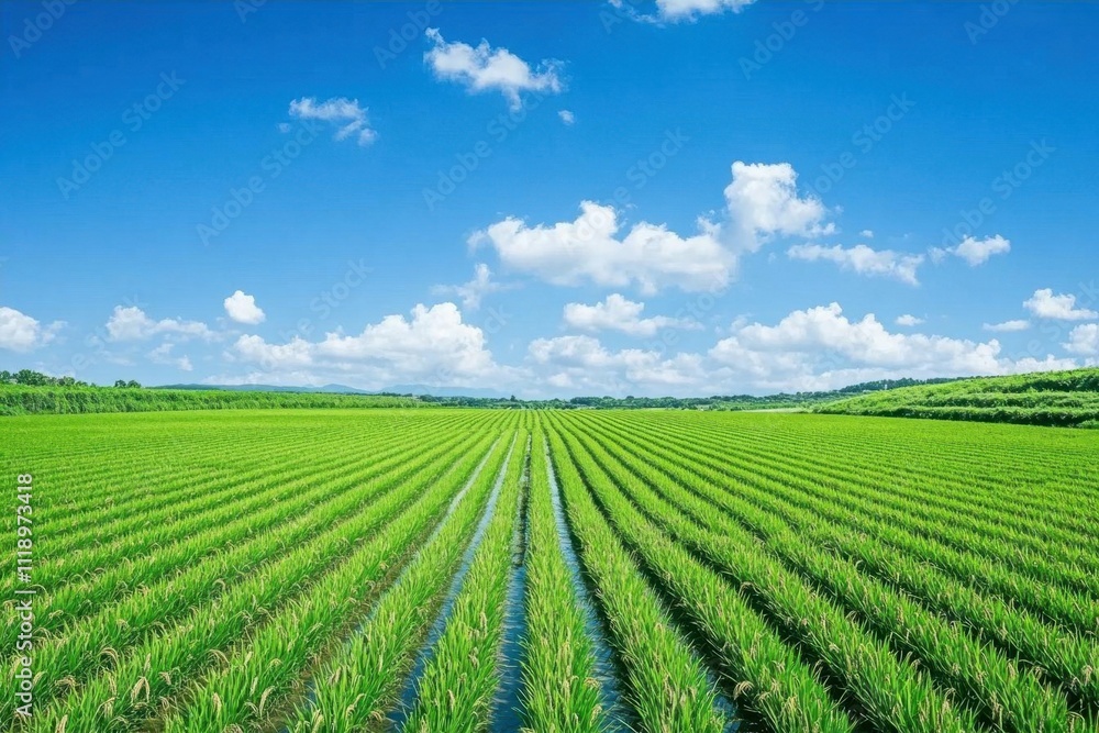 Lush green rice fields under a bright blue sky with fluffy clouds. Lush green rice fields under a bright blue sky with fluffy clouds.