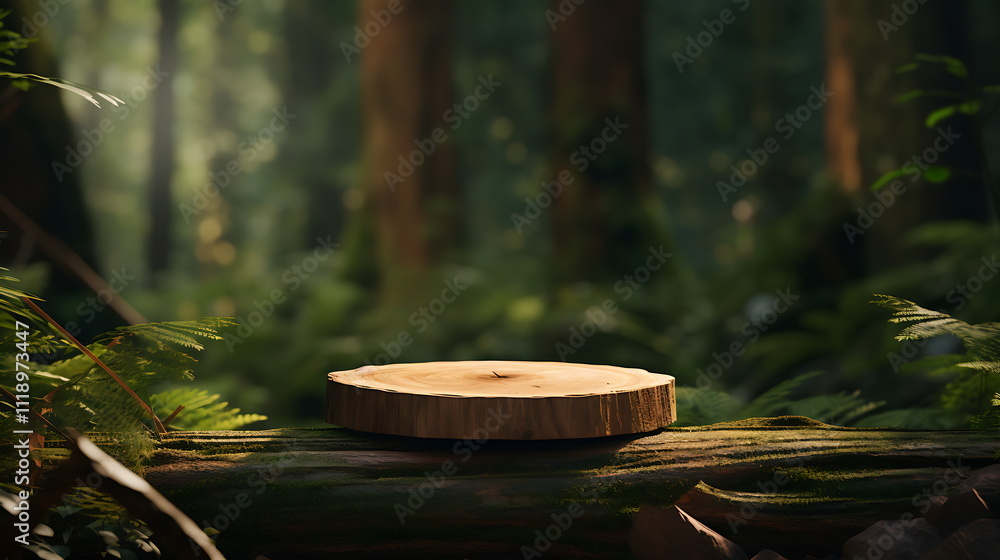 forest background with wooden stump and leaves, generative ai forest background with wooden stump and leaves, generative ai