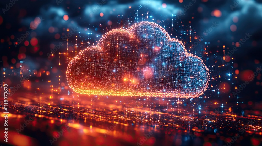 Cloud computing concept with digital icons floating in the background, symbolizing modern technology Cloud computing concept with digital icons floating in the background, symbolizing modern technology