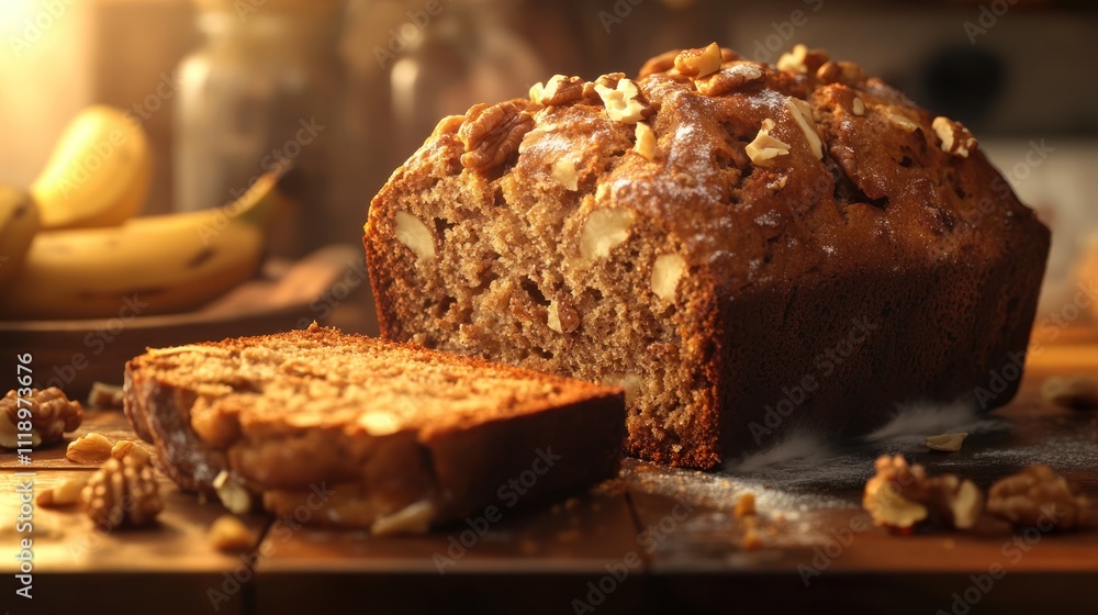 Fototapeta premium Sliced banana nut bread on wooden table with walnuts and bananas in background.