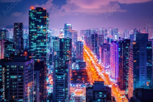 Vibrant city skyline at night with illuminated buildings and streets.