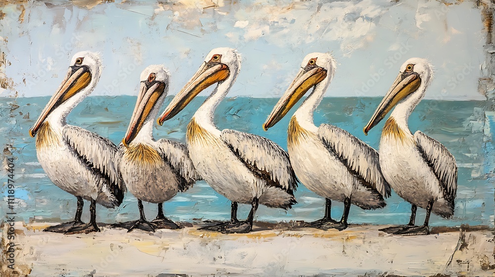Majestic Pelicans in Coastal Harmony: A Serene Beach Scene Majestic Pelicans in Coastal Harmony: A Serene Beach Scene