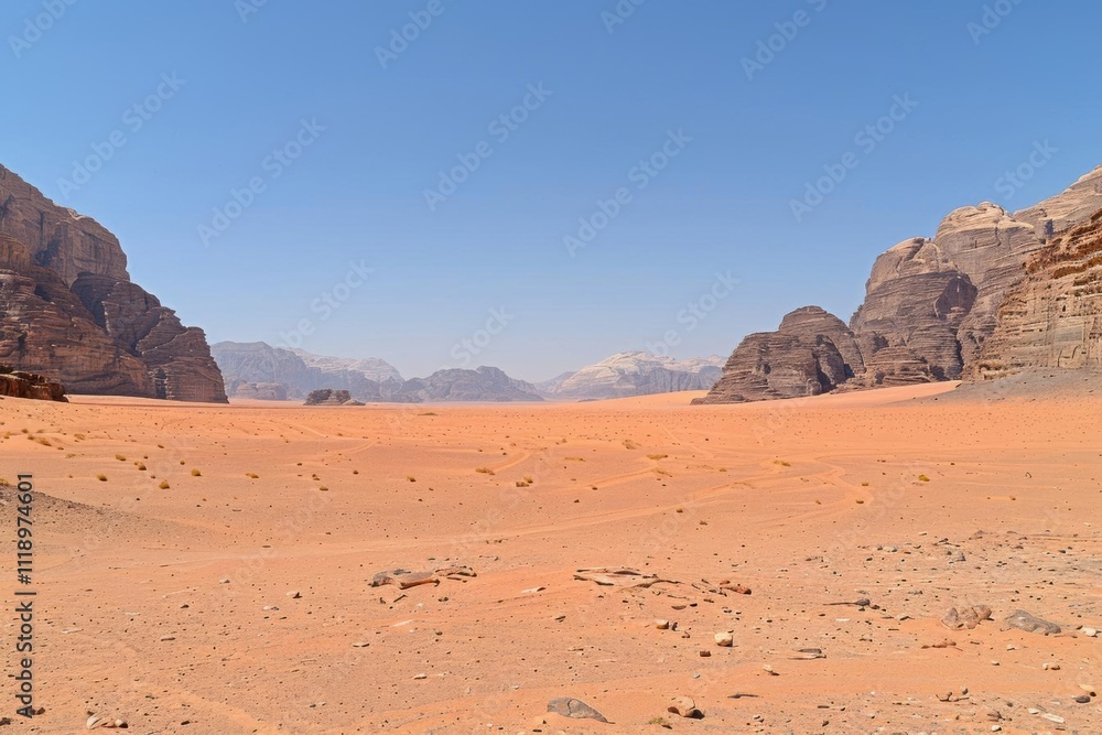 A vast desert landscape with rocky formations and a clear blue sky. A vast desert landscape with rocky formations and a clear blue sky.
