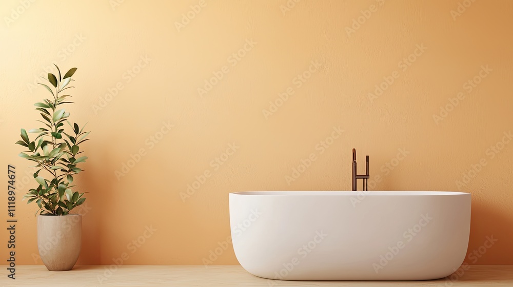 A modern bathroom features a sleek white bathtub against a warm, orange wall, accompanied by a green plant in a minimalist pot. A modern bathroom features a sleek white bathtub against a warm, orange wall, accompanied by a green plant in a minimalist pot.