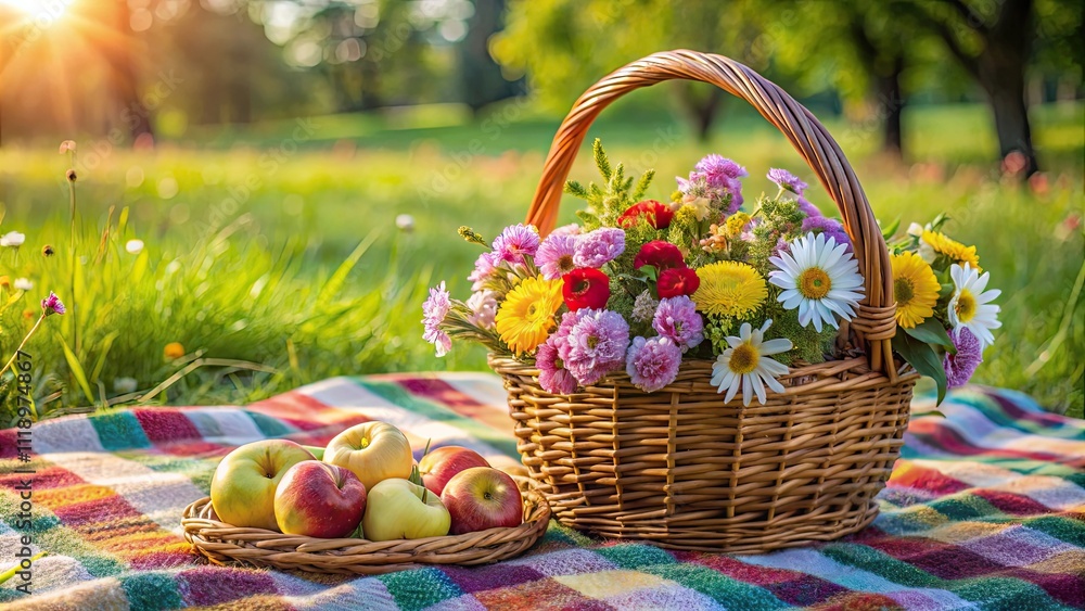 Spring flower bouquet and apples in picnic basket on colorful blanket outdoors, Spring, flower, bouquet, apples, picnic Spring flower bouquet and apples in picnic basket on colorful blanket outdoors, Spring, flower, bouquet, apples, picnic