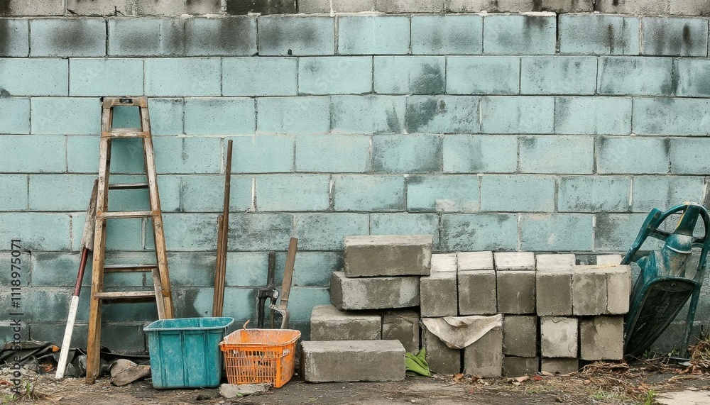 A construction area with tools, blocks, and a ladder against a wall. A construction area with tools, blocks, and a ladder against a wall.