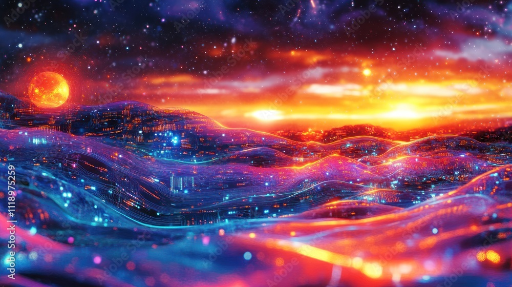 Vibrant, surreal landscape with glowing waves, a fiery sunset, and a red planet in the cosmic sky. Vibrant, surreal landscape with glowing waves, a fiery sunset, and a red planet in the cosmic sky.