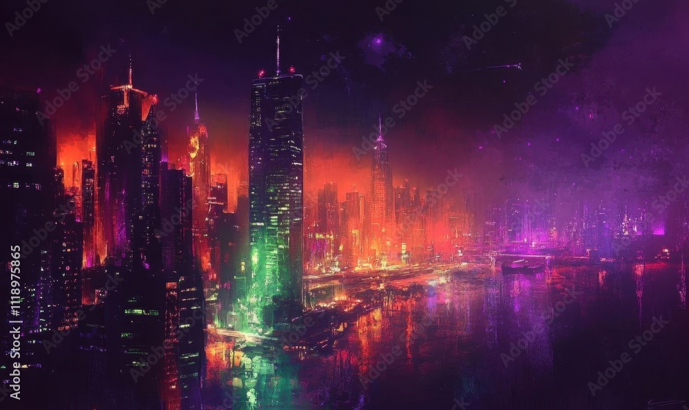 Fototapeta premium A vibrant, futuristic cityscape illuminated by colorful lights at night.