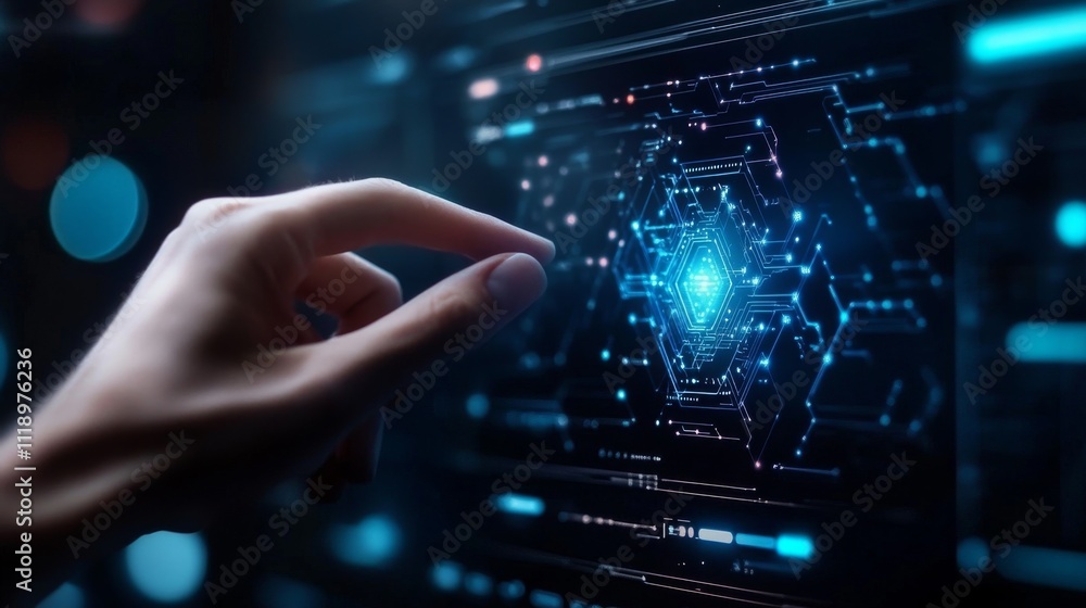 Futuristic Hand Interacting with Digital HUD Interface Design Futuristic Hand Interacting with Digital HUD Interface Design