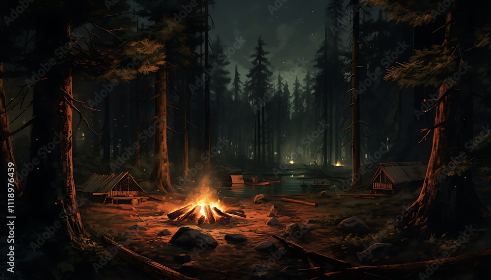 a camp fire during the night time in a forest, ai generative a camp fire during the night time in a forest, ai generative