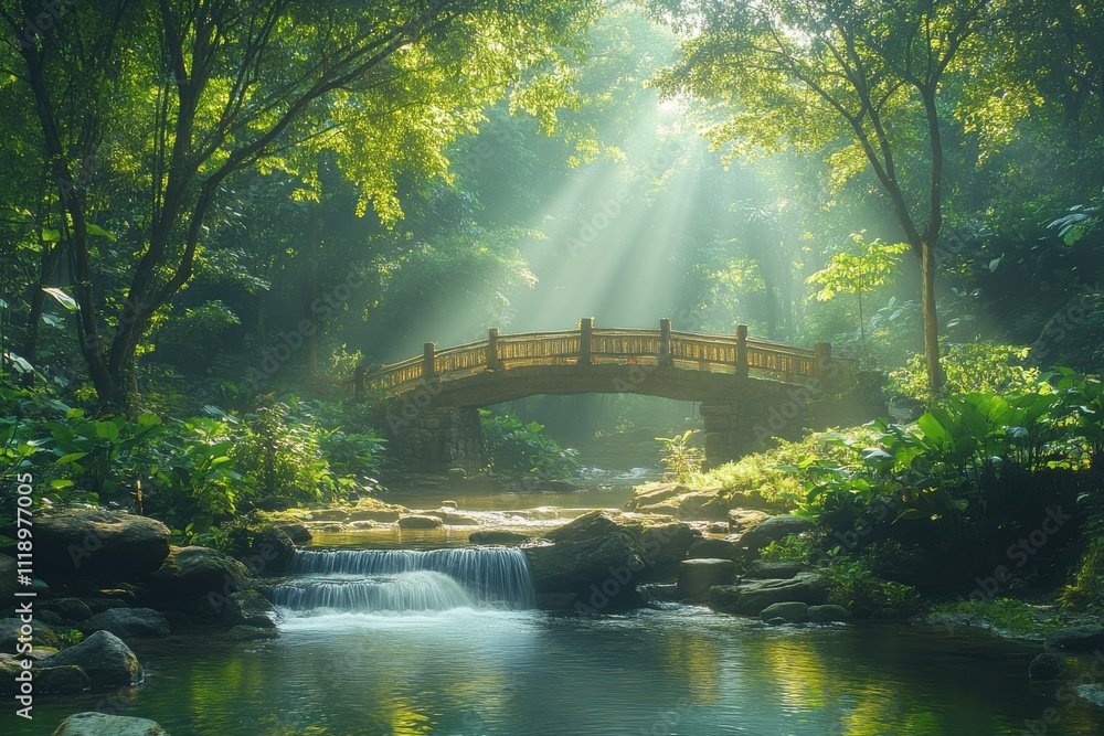 Fototapeta premium Misty Morning Bridge Over a Tranquil Stream