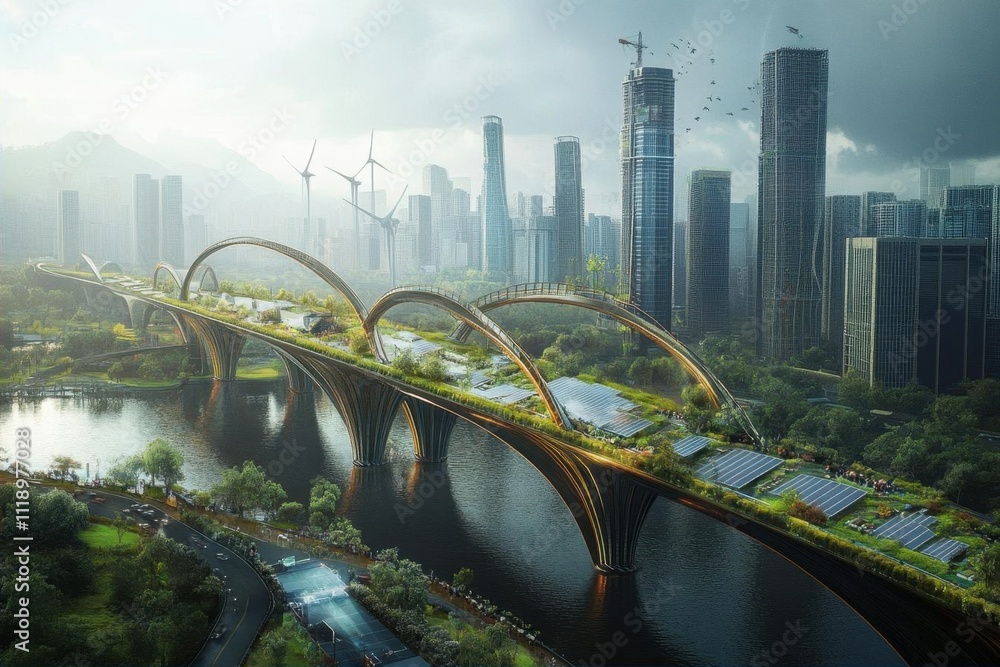 Obraz premium Futuristic urban landscape featuring a green bridge and skyscrapers.