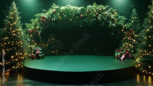 Elegant Green Podium Adorned with Holiday Garlands for Product Showcases  

