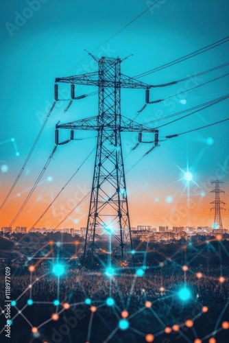 Power lines against a vibrant sunset, showcasing energy infrastructure.