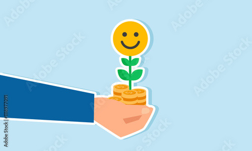 A businessman’s hand holds a stack of dollar coins growing happy emoticon flowers, illustration of costs required to achieve market engagement