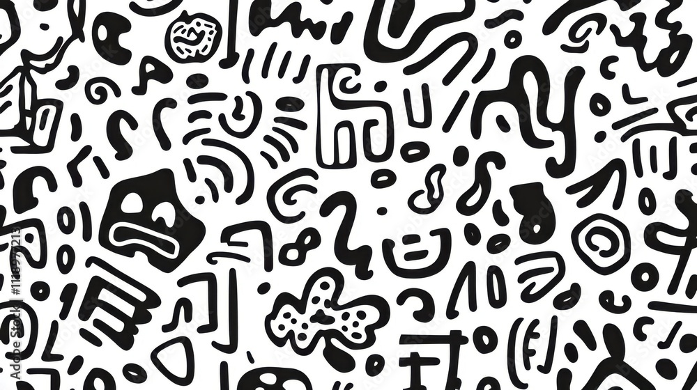 Explore abstract black shapes: a seamless pattern of doodles and scribbles in monochrome. Enjoy this creative design! Explore abstract black shapes: a seamless pattern of doodles and scribbles in monochrome. Enjoy this creative design!
