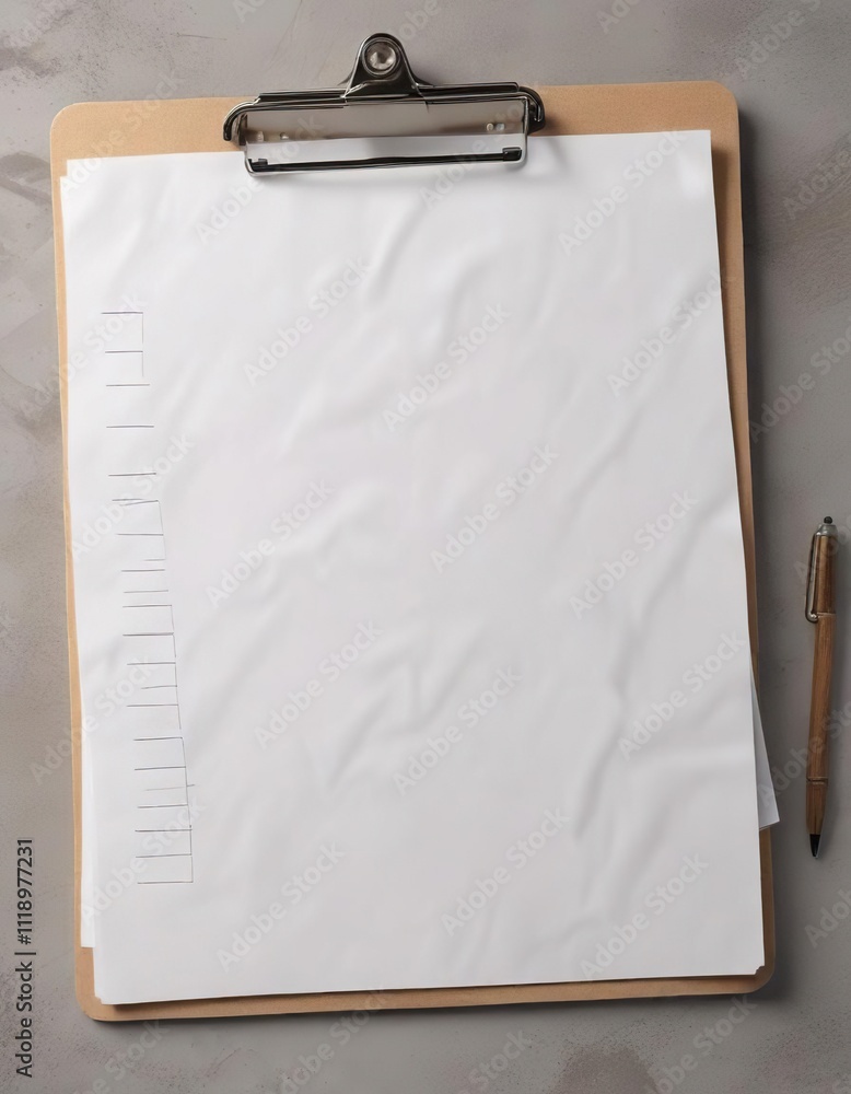 Flat layout of a clipboard with multiple sheets of blank paper inside, document sheets, notebook pages Flat layout of a clipboard with multiple sheets of blank paper inside, document sheets, notebook pages