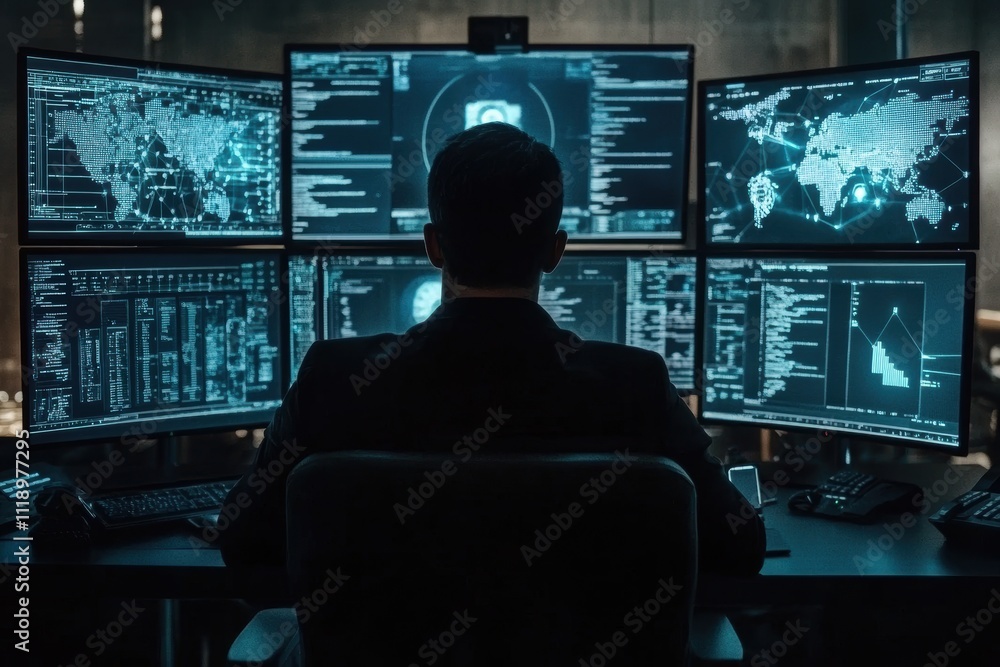 A person monitors multiple screens displaying data and analytics. A person monitors multiple screens displaying data and analytics.