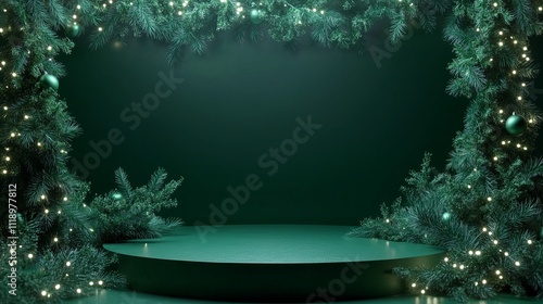 Elegant Green Podium Adorned with Holiday Garlands for Product Showcases  
