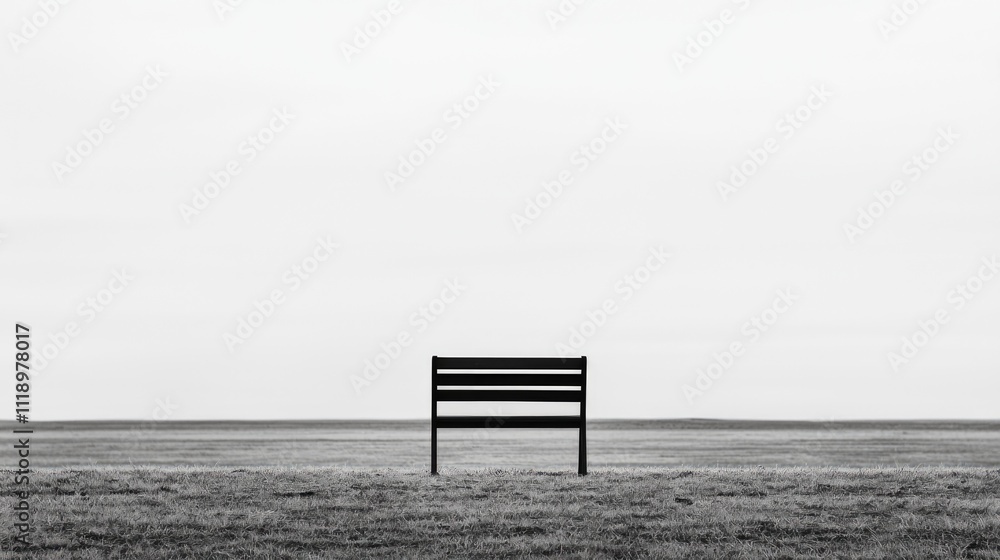 A solitary black bench stands on an empty landscape, evoking feelings of solitude and contemplation against a minimalist backdrop.