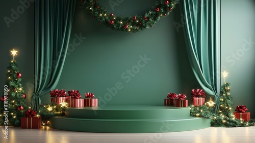 Elegant Green Podium Adorned with Holiday Garlands for Product Showcases  
