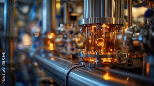 Close-up of illuminated glass and steel components in an industrial facility.