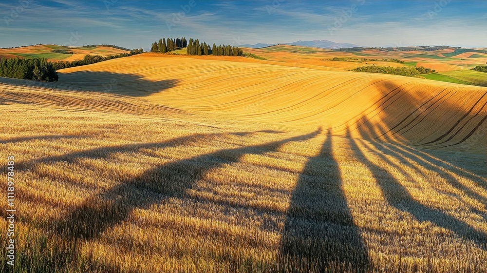 Obraz premium Serene landscape of rolling hills with long shadows at sunset.