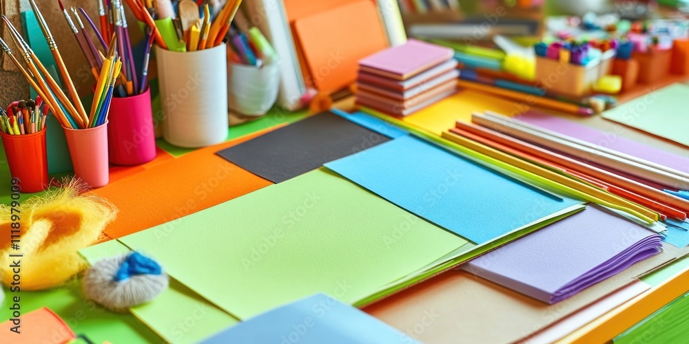A vibrant collection of craft supplies arranged for creative projects. A vibrant collection of craft supplies arranged for creative projects.