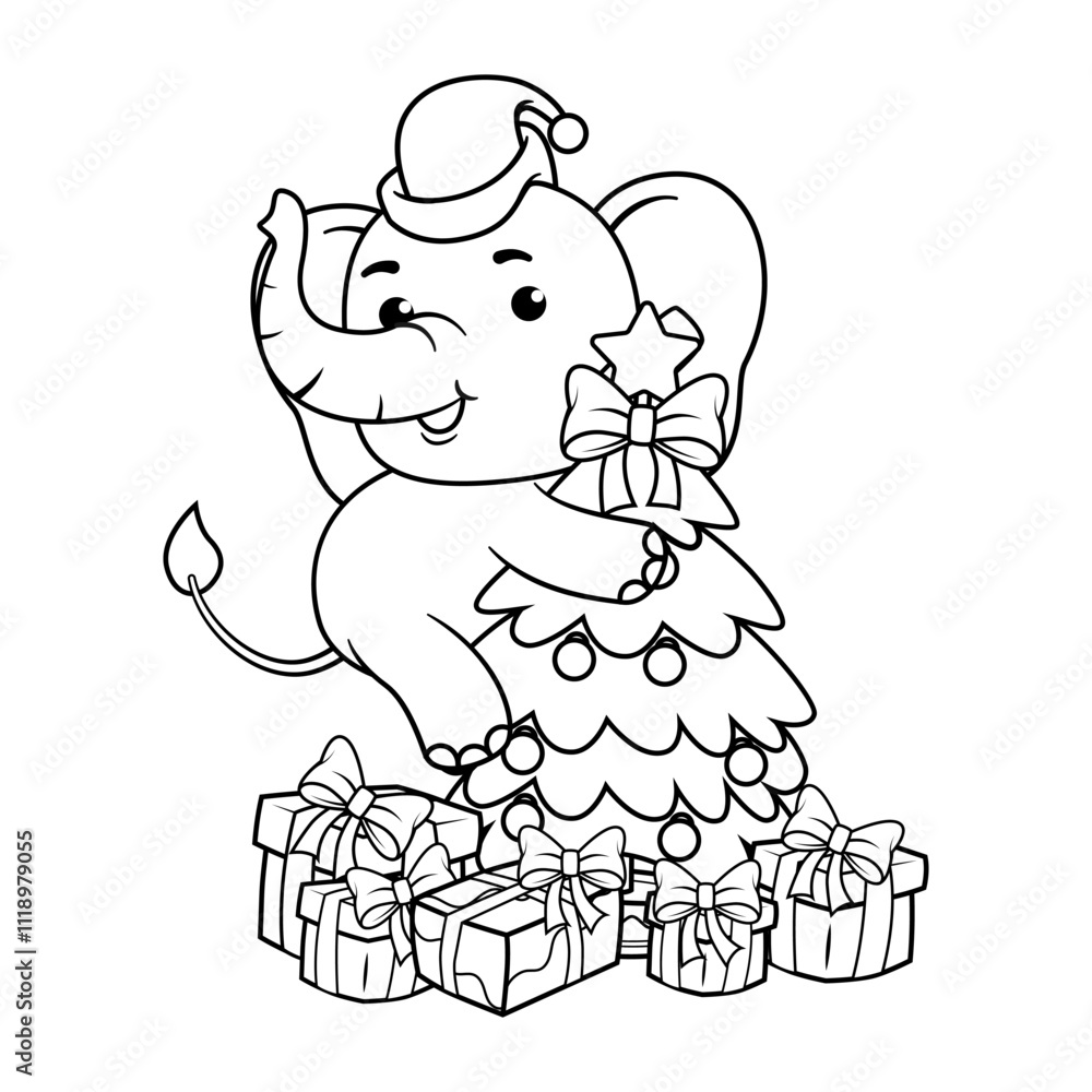 Fototapeta premium Christmas coloring page with elephant for kids