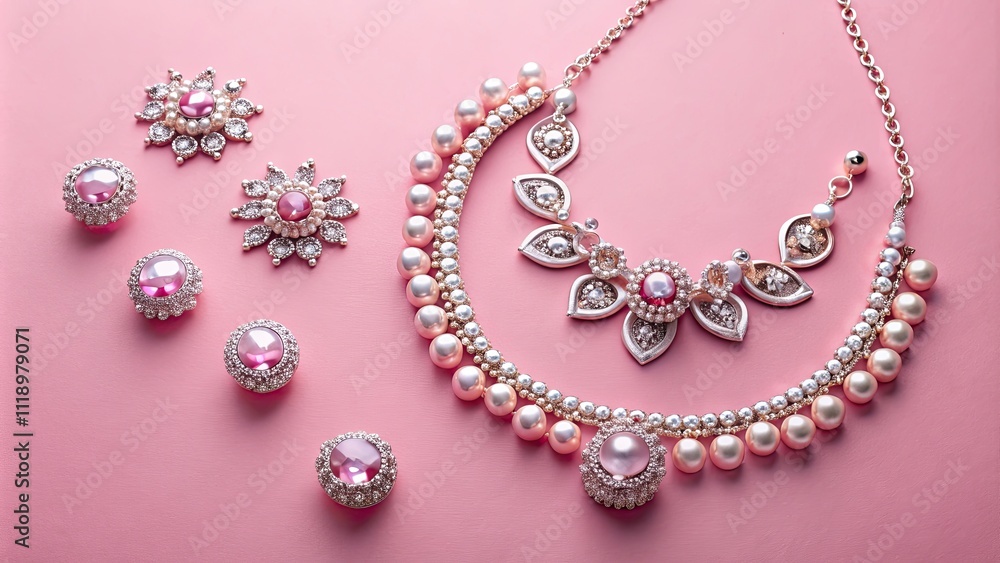 High angle shot of elegant jewelry pieces on pink background, ring, necklaces, accessories, fashion, luxury, shiny High angle shot of elegant jewelry pieces on pink background, ring, necklaces, accessories, fashion, luxury, shiny