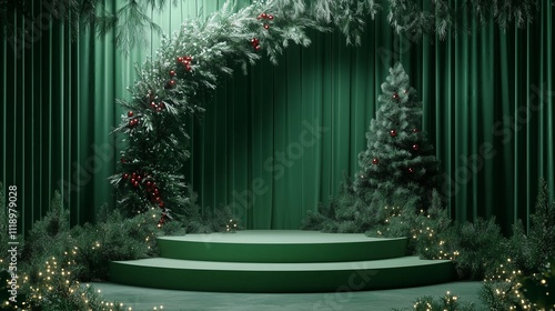 Elegant Green Podium Perfect for Product Showcases and Christmas Promotions  
