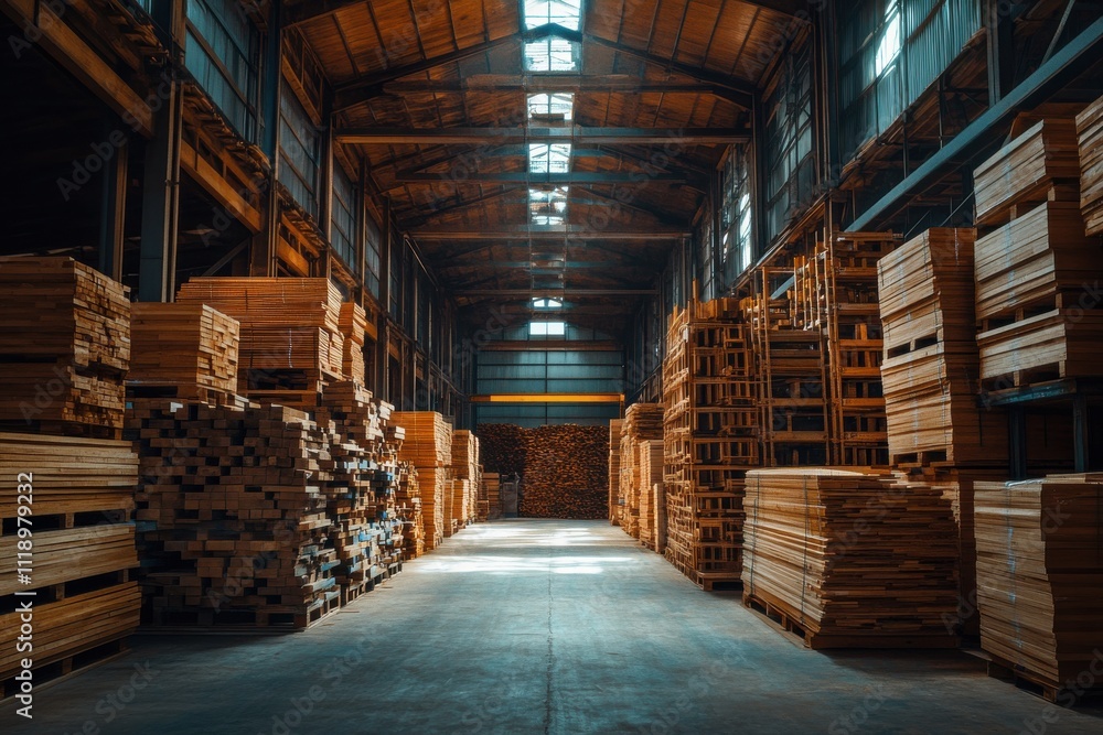 Industrial Warehouse with Neatly Stacked Planks Industrial Warehouse with Neatly Stacked Planks