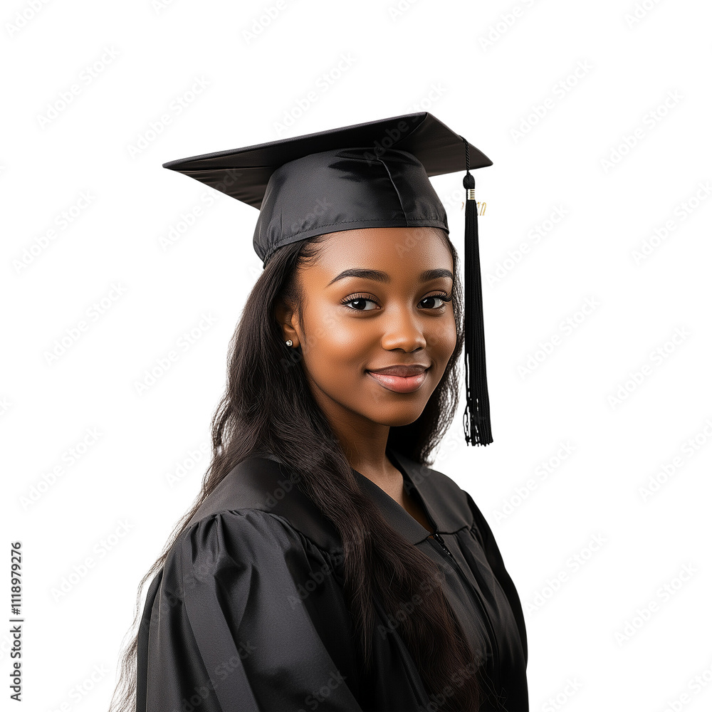 Graduation portrait with cap and gown, female african graduating student isolated on transparent background Graduation portrait with cap and gown, female african graduating student isolated on transparent background