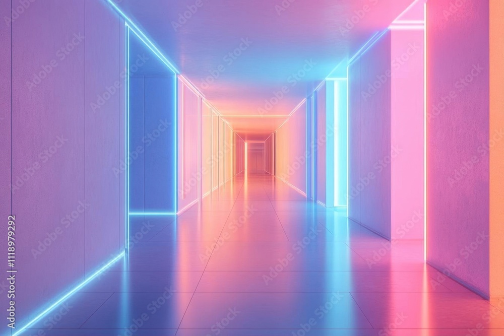 A vibrant, illuminated corridor with neon light accents. A vibrant, illuminated corridor with neon light accents.