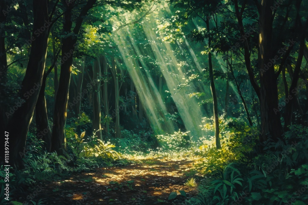Obraz premium Sunlight streams through a lush forest, creating a serene atmosphere.