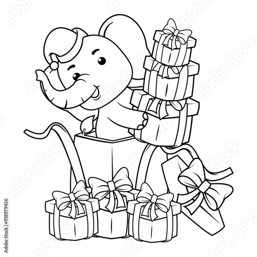 Christmas coloring page with elephant for kids