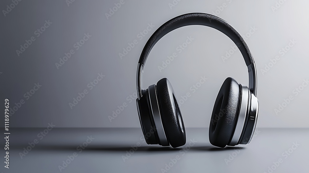 Sleek Black Wireless Headphones on Gray Background Sleek Black Wireless Headphones on Gray Background