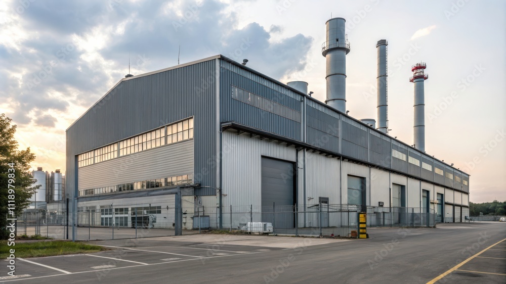 Large Industrial Factory Warehouse Building Under Cloudy Sky. Generative AI Large Industrial Factory Warehouse Building Under Cloudy Sky. Generative AI