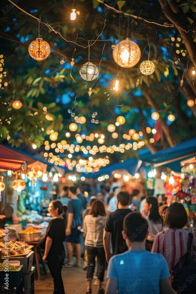 Fototapeta premium A vibrant night market bustling with people and decorative lights.