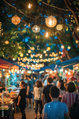 A vibrant night market bustling with people and decorative lights.