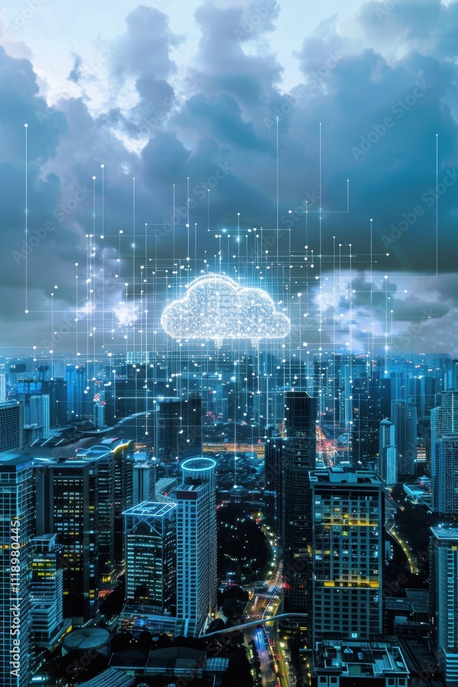 A digital cloud icon over a cityscape, symbolizing cloud computing. A digital cloud icon over a cityscape, symbolizing cloud computing.