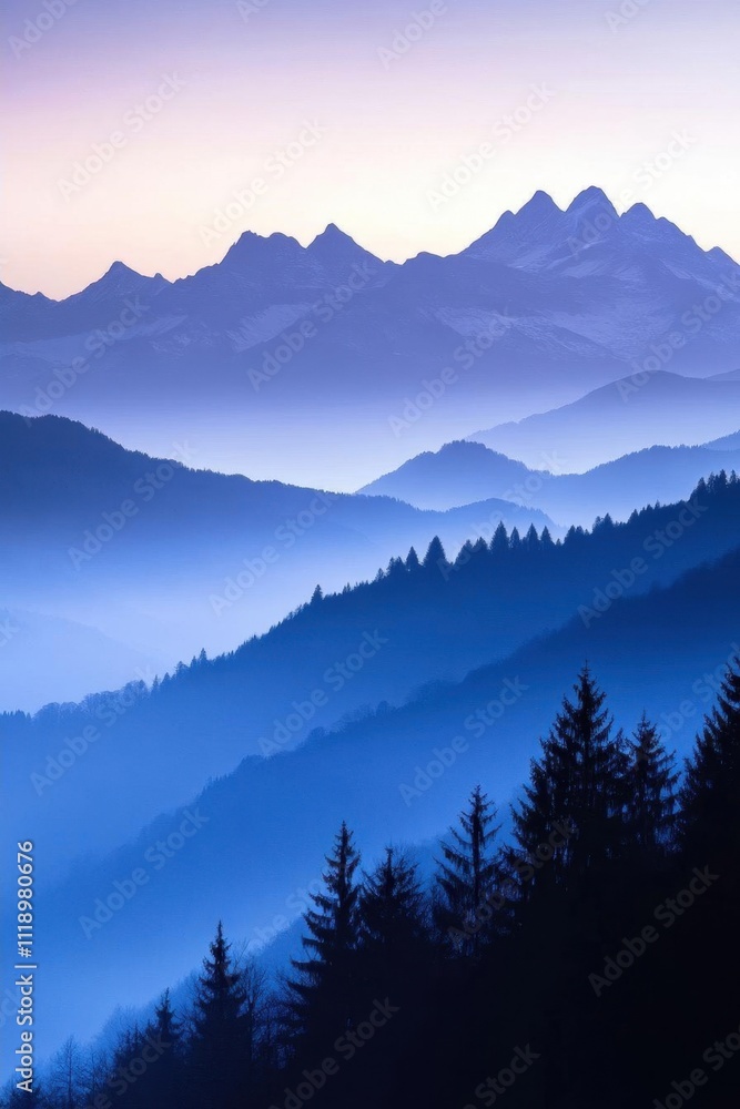 Obraz premium Serene mountain landscape at dawn with layered blue hues.