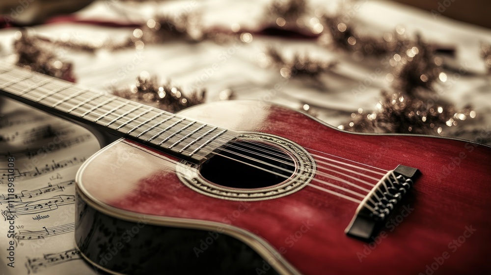 Obraz premium A red acoustic guitar rests on sheet music, surrounded by festive decorations.
